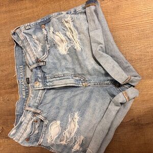 American Eagle Outfitters Faded Light Blue Distressed Denim Roll-Hem Shorts